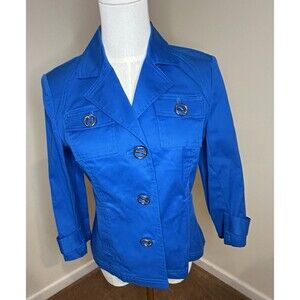 Jones NY Signature Sz PS Blue Blazer Jacket Pocket Collar Long Sleeve Unique